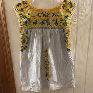 Mi Golondrina Yellow and Green Embroidered, blue and white stripe Tunic